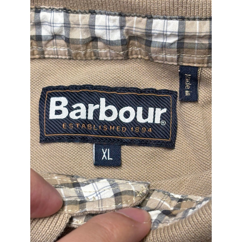 Barbour Mens XL Polo Shirt Tan Blue Oversized Check Pique Short Sleeve - Picture 2 of 7
